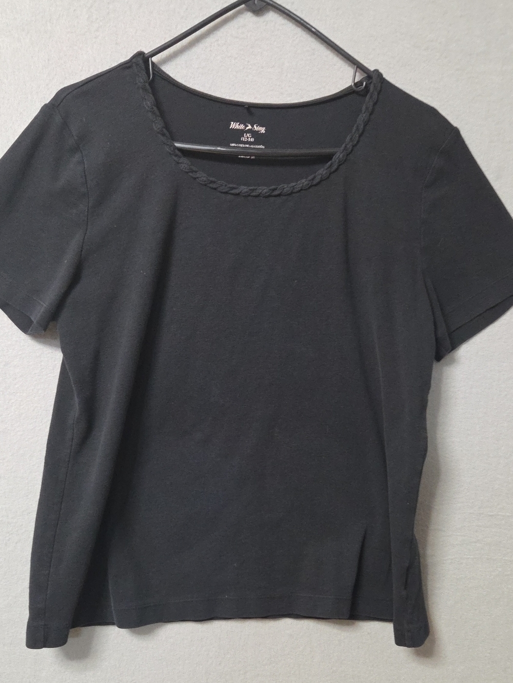 White Stag Women's Black Short Sleeve Top with Braided Neckline - Size L (12-14)